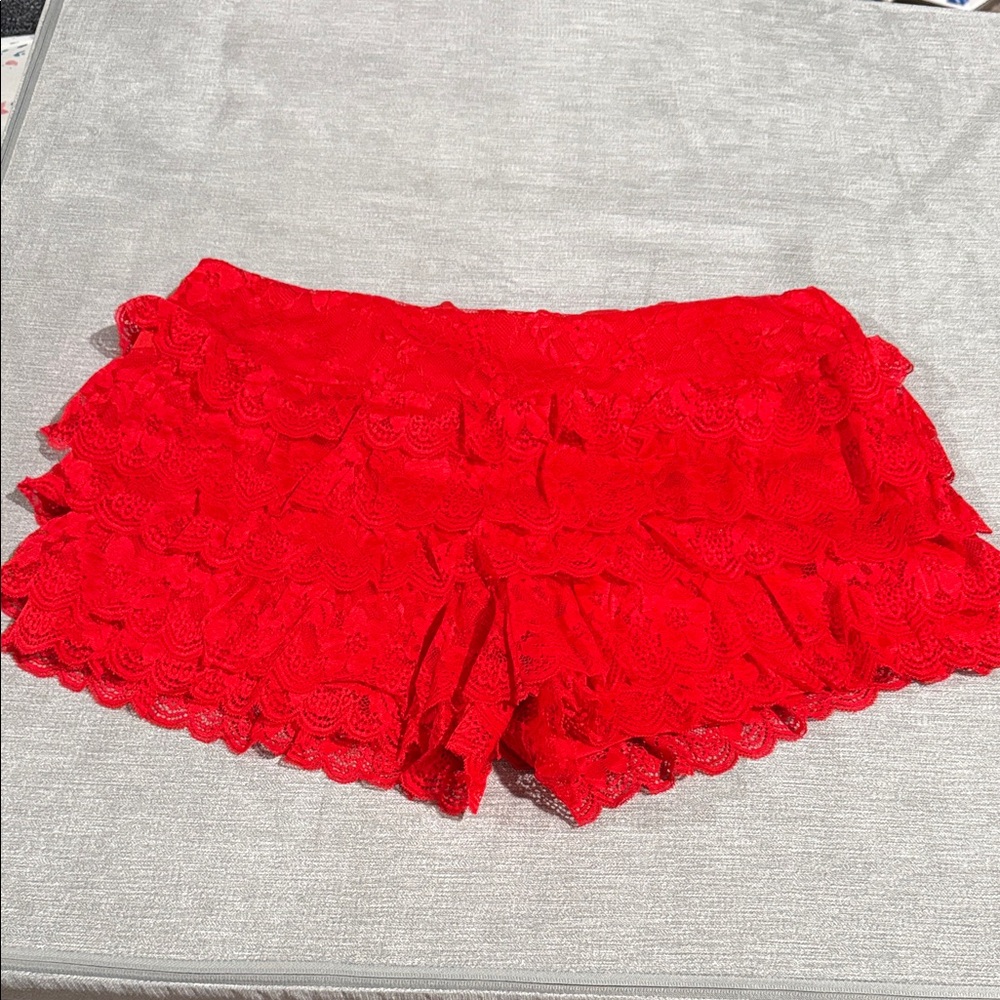 SHEIN Vibrant Red Lace Ruffle Shorts
